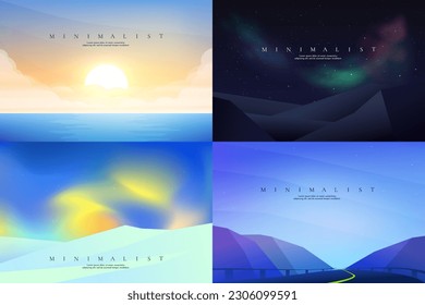 Ilustración vectorial. Paisajes triangulares planos. Coloridos fondos. Luces de sol polvorientas por agua, aurora boreal, luces del norte, carretera por colinas, montañas. Diseño para banner web, plantilla de sitio web