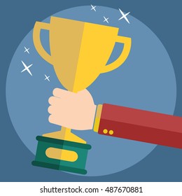 Vector illustration with flat trophy and hand. First place and business aims concept background. Teamwork and company strategy.