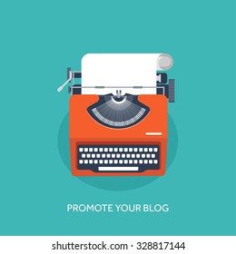 Vector illustration.  Flat typewrite. Tell your story. Author. Blogging.