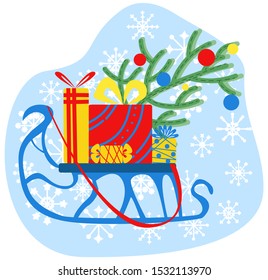 Vector illustration of flat, unusual sledge on which there are gifts and branch of Christmas tree with toys. Variety snowflakes are depicted in background. Concept is Christmas and New year.