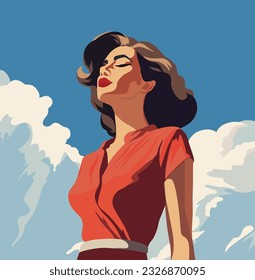 Vector illustration flat vintage retro girl pinup brunette on vacation outdoors outdoor clouds sky 70s 80s