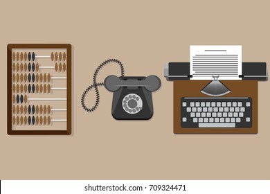 Vector illustration of flat vintage typewriter, old wooden abacus, old phone. Isolated on  background. Vector icon.