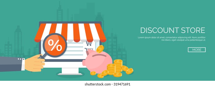 Vector illustration. Flat web shopping background. Internet store. Online shop. E-commerce and virtual trade. Shopping bag. Pay per click.