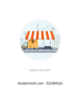 Vector illustration. Flat web shopping background. Internet store. Online shop. E-commerce and virtual trade. Shopping bag. Pay per click.