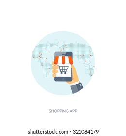 Vector illustration. Flat web shopping background. Internet store. Online shop. E-commerce and virtual trade. Shopping bag. Pay per click.