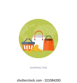 Vector illustration. Flat web shopping background. Internet store. Online shop. E-commerce and virtual trade. Shopping bag. Pay per click.