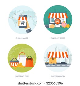 Vector illustration. Flat web shopping background. Internet store. Online shop. E-commerce and virtual trade. Shopping bag. Pay per click.