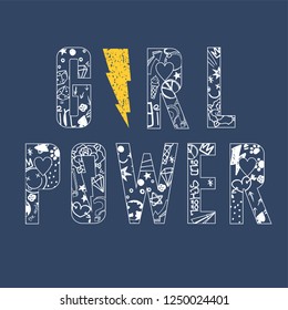 Vector illustration of flat white lettering Girl Power with lightning, heart shaped letters, tatoos, sketches, doodle elements, fashion old school print for t shirt, retro 80th, 90th style on dark