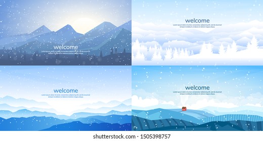 Vector Illustration. Flat Winter Landscape. Simple Snowy Backgrounds. Snowdrifts.  Snowfall. Clear Blue Sky. Blizzard. Snowy Weather. Winter Season. Panoramic Wallpapers. Set Of Backgrounds.