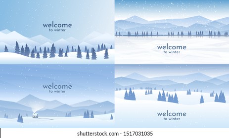 Vector illustration. Flat winter landscape. Simple snowy backgrounds. Snowdrifts. Snowfall. Clear blue sky. Blizzard. Snowy weather. Cold season. Panoramic wallpapers. Set of backgrounds.