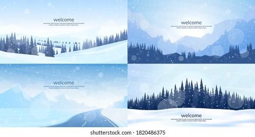 Vector illustration. Flat winter landscape. Simple snowy backgrounds. Snowdrifts.  Snowfall. Clear blue sky. Blizzard. Snowy weather. Winter season. Panoramic wallpapers. Set of backgrounds.