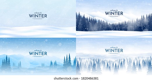 Vector illustration. Flat winter landscape. Simple snowy backgrounds. Snowdrifts.  Snowfall. Clear blue sky. Blizzard. Snowy weather. Winter season. Panoramic wallpapers. Set of backgrounds.