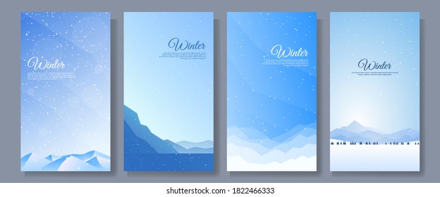 Vector illustration. Flat winter landscape. Snowy backgrounds. Snowdrifts. Snowfall. Clear blue sky. Blizzard. Design elements for card, invitation, social media stories, discount voucher, flyers.