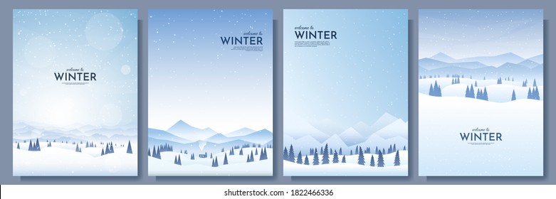 Vector illustration  Flat winter landscape  Snowy backgrounds  Snowdrifts  Snowfall  Clear blue sky  Blizzard  Snowy weather  Design elements for poster  book cover  brochure  magazine  flyer  booklet