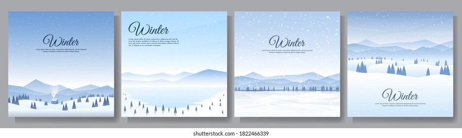 Vector illustration. Flat winter landscape. Snowy backgrounds. Snowdrifts.  Snowfall. Clear blue sky. Blizzard. Snowy weather. Winter season. Design elements for social media, blog post, web template