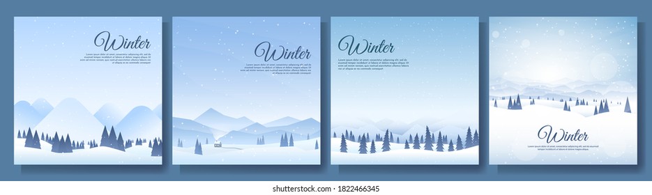 Vector illustration. Flat winter landscape. Snowy backgrounds. Snowdrifts.  Snowfall. Clear blue sky. Blizzard. Snowy weather. Winter season. Design elements for social media, blog post, web template