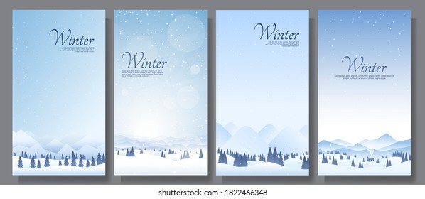 Vector illustration. Flat winter landscape. Snowy backgrounds. Snowdrifts. Snowfall. Clear blue sky. Blizzard. Design elements for card, invitation, social media stories, discount voucher, flyers.