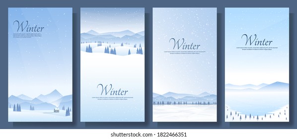 Vector illustration. Flat winter landscape. Snowy backgrounds. Snowdrifts. Snowfall. Clear blue sky. Blizzard. Design elements for card, invitation, social media stories, discount voucher, flyers.