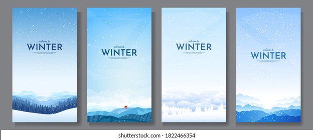 Vector illustration. Flat winter landscape. Snowy backgrounds. Snowdrifts. Snowfall. Clear blue sky. Blizzard. Design elements for card, invitation, social media stories, discount voucher, flyers.