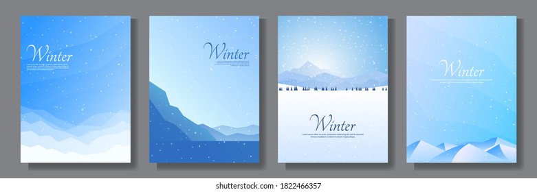 Vector illustration. Flat winter landscape. Snowy backgrounds. Snowdrifts. Snowfall. Clear blue sky. Blizzard. Snowy weather. Design elements for poster, book cover, brochure, magazine, flyer, booklet