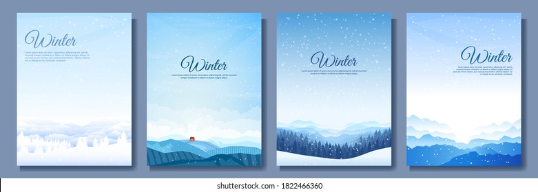 Vector illustration. Flat winter landscape. Snowy backgrounds. Snowdrifts. Snowfall. Clear blue sky. Blizzard. Snowy weather. Design elements for poster, book cover, brochure, magazine, flyer, booklet