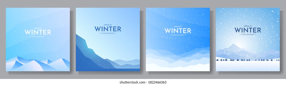 Vector illustration. Flat winter landscape. Snowy backgrounds. Snowdrifts. Snowfall. Clear blue sky. Blizzard. Snowy weather. Winter season. Design elements for social media, blog post, web template