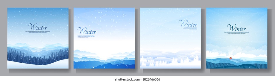 Vector illustration. Flat winter landscape. Snowy backgrounds. Snowdrifts. Snowfall. Clear blue sky. Blizzard. Snowy weather. Winter season. Design elements for social media, blog post, web template