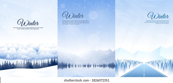 Vector illustration. Flat winter landscape. Snowy backgrounds. Snowdrifts. Snowfall. Clear blue sky. Blizzard. Snowy weather. Design elements for poster, book cover, brochure, magazine, flyer, booklet