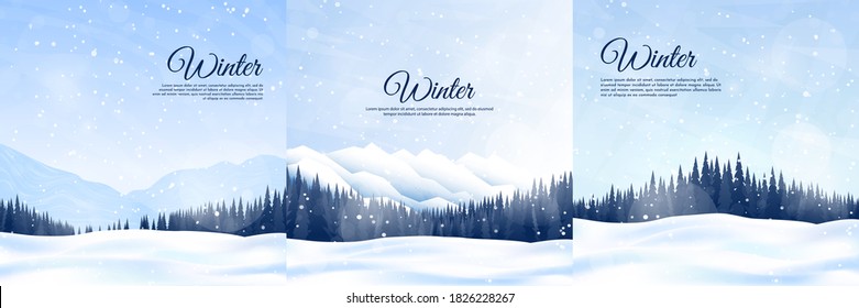 Vector illustration. Flat winter landscape. Snowy backgrounds. Snowdrifts. Snowfall. Clear blue sky. Blizzard. Snowy weather. Winter season. Design elements for social media, blog post, web template