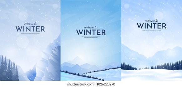 Vector illustration. Flat winter landscape. Snowy backgrounds. Snowdrifts. Snowfall. Clear blue sky. Blizzard. Snowy weather. Design elements for poster, book cover, brochure, magazine, flyer, booklet