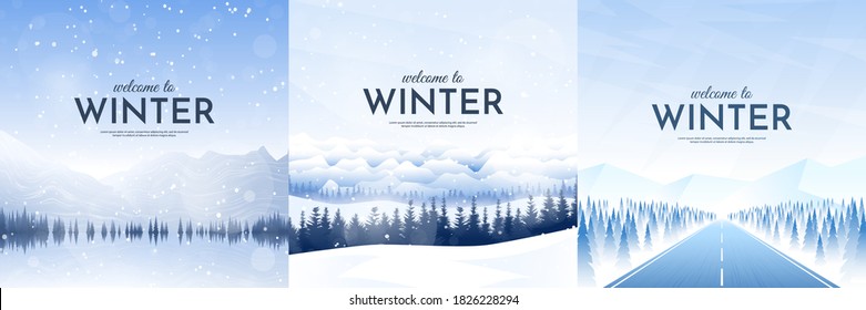 Vector illustration. Flat winter landscape. Snowy backgrounds. Snowdrifts. Snowfall. Clear blue sky. Blizzard. Snowy weather. Winter season. Design elements for social media, blog post, web template