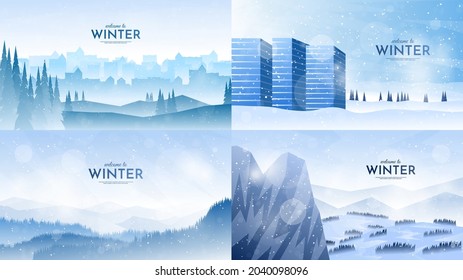 Vector illustration. Flat winter landscape. Simple snowy backgrounds. Snowdrift. Snowfall. Clear blue sky. Blizzard. Snowy weather. Winter season. Panoramic wallpapers. Set of backgrounds.