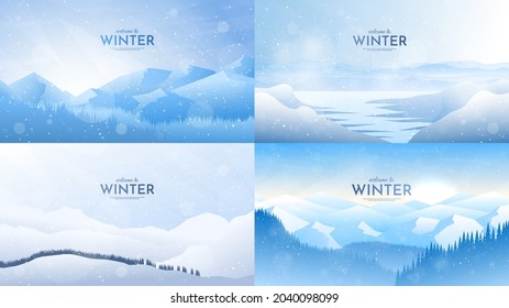 Ilustración vectorial. Paisaje de invierno plano. Sencillos antecedentes nevados. Salto de nieve. Nevada. Cielo azul claro. Blizzard. El clima nevado. Temporada de invierno. Papel de pared panorámico. Conjunto de antecedentes.