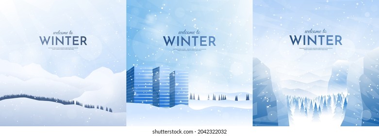 Vector illustration. Flat winter landscape. Snowy backgrounds set. Snowdrift. Snowfall. Clear blue sky. Blizzard. Cold weather. Winter season. Design elements for social media, blog post, web template