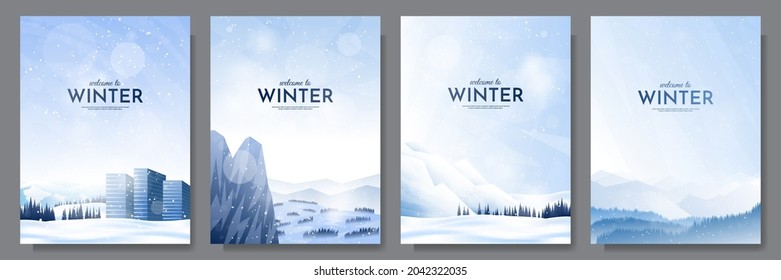 Vector illustration. Flat winter landscape. Snowy backgrounds. Snowdrifts. Snowfall. Clear blue sky. Blizzard. Cold weather. Design elements for poster, book cover, brochure, magazine, flyer, booklet