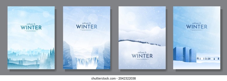 Vector illustration. Flat winter landscape. Snowy backgrounds. Snowdrifts. Snowfall. Clear blue sky. Blizzard. Cold weather. Design elements for poster, book cover, brochure, magazine, flyer, booklet