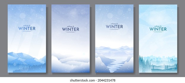 Vector illustration. Flat winter landscape. Snowy backgrounds set. Snowdrifts. Snowfall. Clear blue sky. Blizzard. Design elements for card, invitation, social media stories, discount voucher, flyers