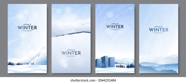 Vector Illustration. Flat Winter Landscape. Snowy Backgrounds Set. Snowdrifts. Snowfall. Clear Blue Sky. Blizzard. Design Elements For Card, Invitation, Social Media Stories, Discount Voucher, Flyers