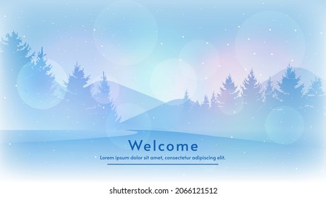 Vector illustration. Flat winter landscape. Snowy backgrounds. Snowdrifts. Snowfall. Clear blue sky. Blizzard. Snowy weather. Natural tree silhouettes. The road that leads to a happy life.