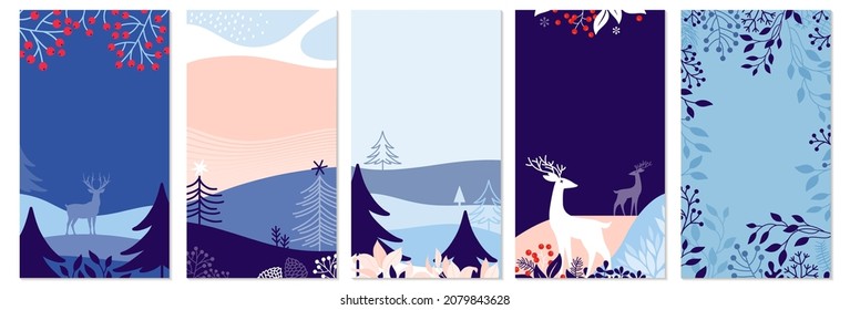 Vector illustration. Flat winter landscape. Snowy backgrounds. Snowdrifts. Snowfall. Clear blue sky. Blizzard. Design elements for card, invitation, social media stories, discount voucher, flyers