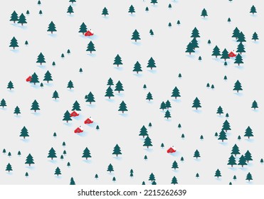 Vektorgrafik. Eine flache Winterlandschaft mit Weihnachtsbäumen und roten Häusern. Eine einfache Schneefläche. Schneewetter. Wintersaison.