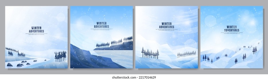 Vector illustration. Flat winter landscape. Snowy backgrounds. Snowdrifts.  Snowfall. Clear blue sky. Blizzard. Snowy weather. Winter season. Design elements for social media, blog post, web template