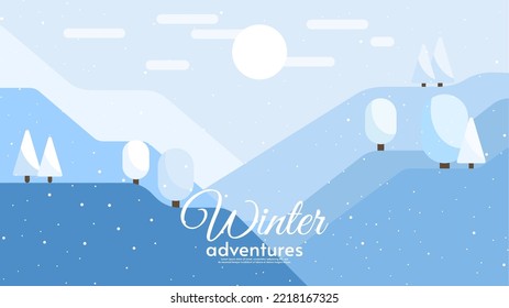 Ilustración vectorial. Paisaje de invierno plano. El clima nevado. Ilustración de estilo 2D plano. Colinas y montañas.