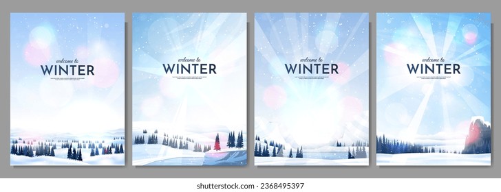 Ilustración vectorial. Paisaje de invierno plano. Antecedentes nevados. Saltos de nieve. Nevada. Cielo azul claro. Blizzard. El clima nevado. Elementos de diseño para carteles, portada de libros, folleto, revista, folleto, folleto