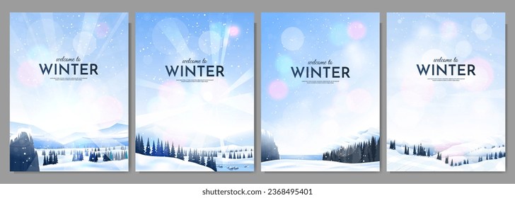 Vector illustration. Flat winter landscape. Snowy backgrounds. Snowdrifts. Snowfall. Clear blue sky. Blizzard. Snowy weather. Design elements for poster, book cover, brochure, magazine, flyer, booklet