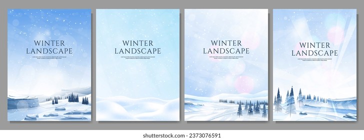 Vector illustration. Flat winter landscape. Snowy backgrounds. Snowdrifts. Snowfall. Clear blue sky. Blizzard. Snowy weather. Design elements for poster, book cover, brochure, magazine, flyer, booklet