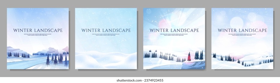 Vector illustration. Flat winter landscape. Snowy backgrounds. Snowdrifts. Snowfall. Clear blue sky. Blizzard. Snowy weather. Design elements for web banner, social media template. Blurred bokeh light