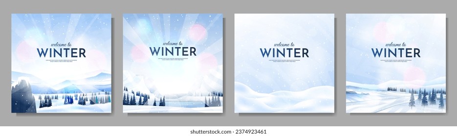 Vector illustration. Flat winter landscape. Snowy backgrounds. Snowdrifts. Snowfall. Clear blue sky. Blizzard. Snowy weather. Design elements for web banner, social media template. Blurred bokeh light