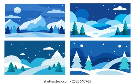 Ilustração vetorial. Paisagem plana de inverno. Simples fundos nevados. Snowdrifts. Queda de neve. Céu azul claro. Nevasca. Tempo nevado. Época de inverno. Papéis de parede panorâmicos. Conjunto de fundos.