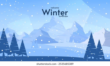 Vector illustration. Flat winter landscape. Snowy backgrounds with mountains on background. Snowdrifts. Snowfall. Clear blue sky. Blizzard. Snowy weather. Natural tree silhouettes.